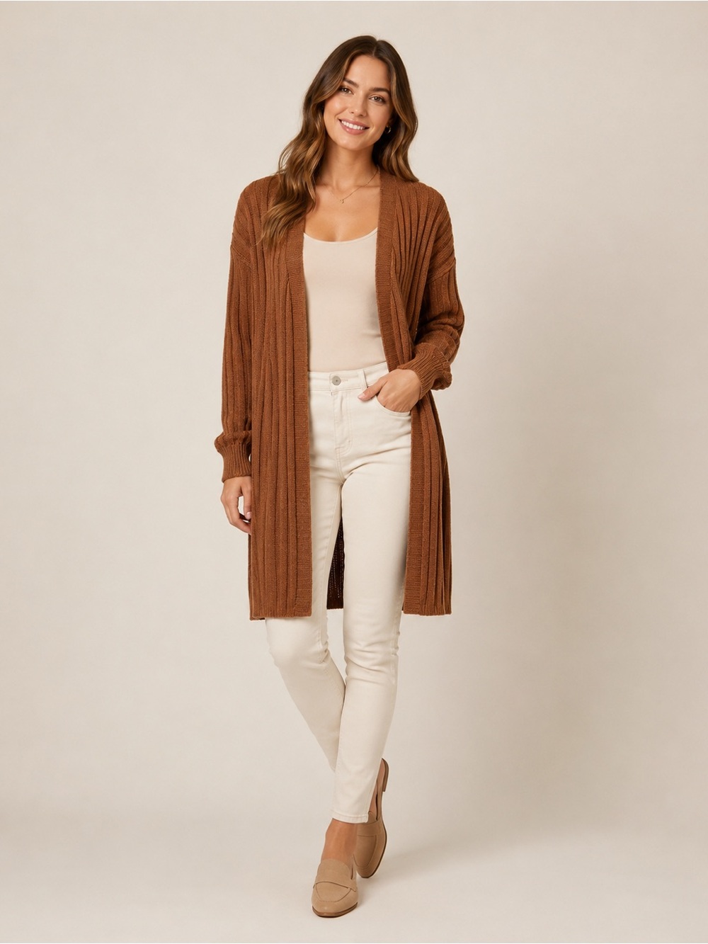 SHEIN Ribbed Long Open-Front Cardigan in Chestnut Brown